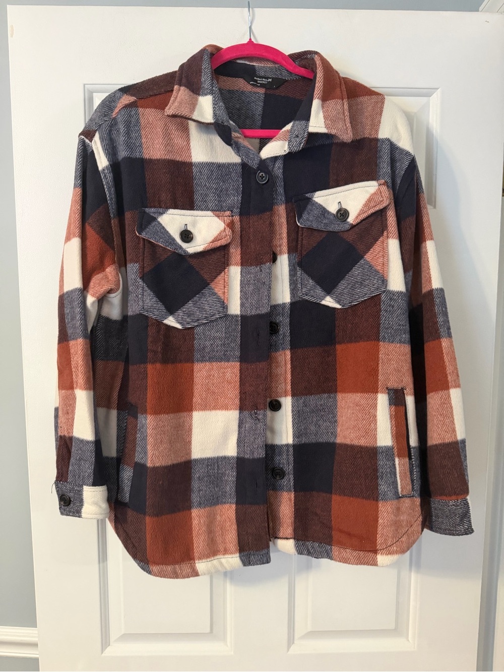 Plaid Button-Down Shacket in Rust, Navy & Cream